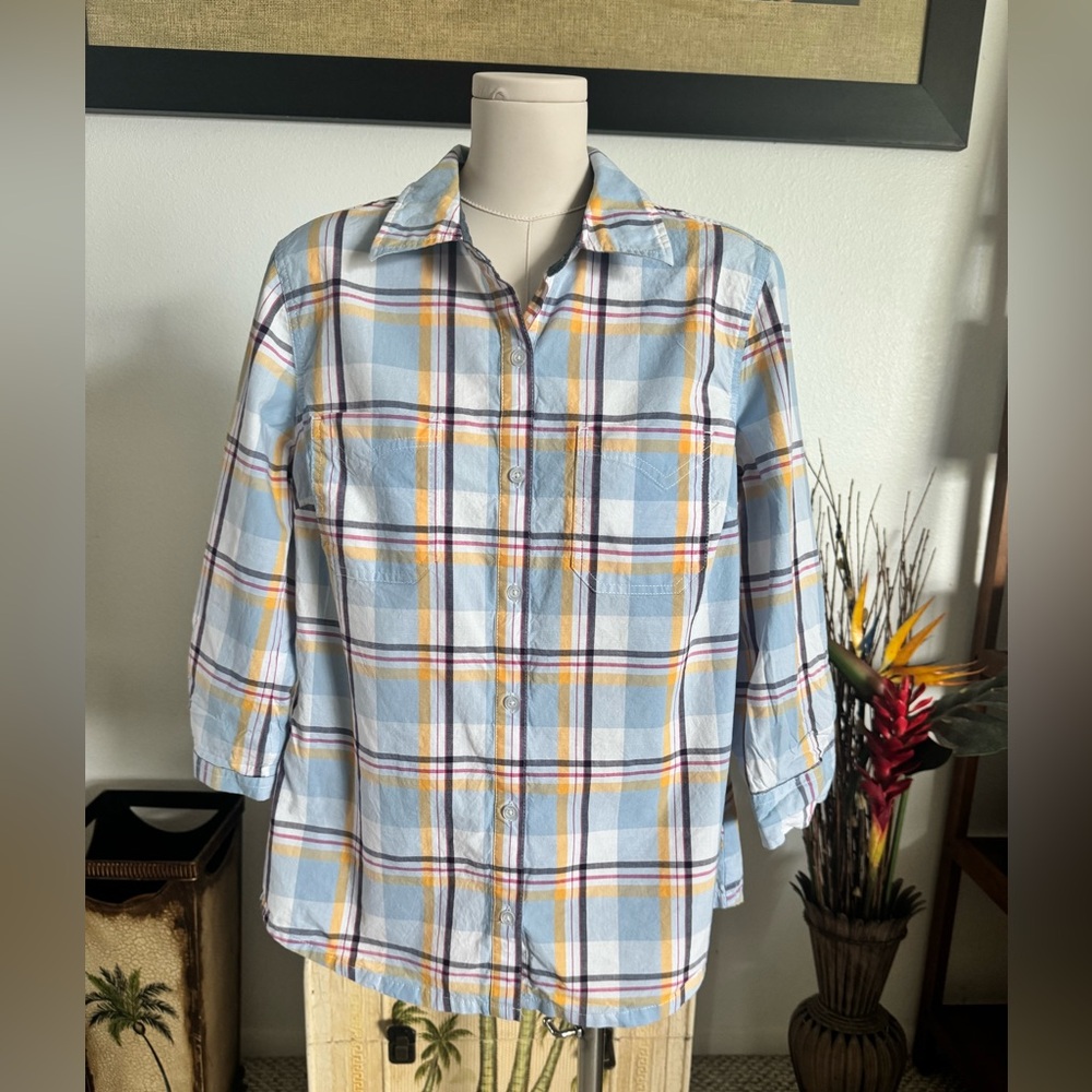 Dickies Women's Roll-Tab Long Sleeve Plaid Blue Button-Down Shirt Medium MINT